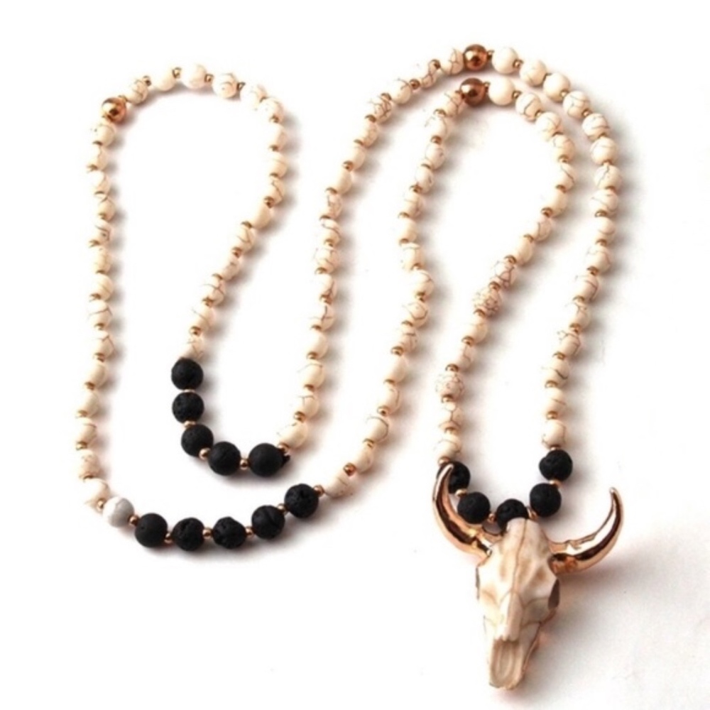 New Ethic Boho Tribal Lave Stone Bone Necklace